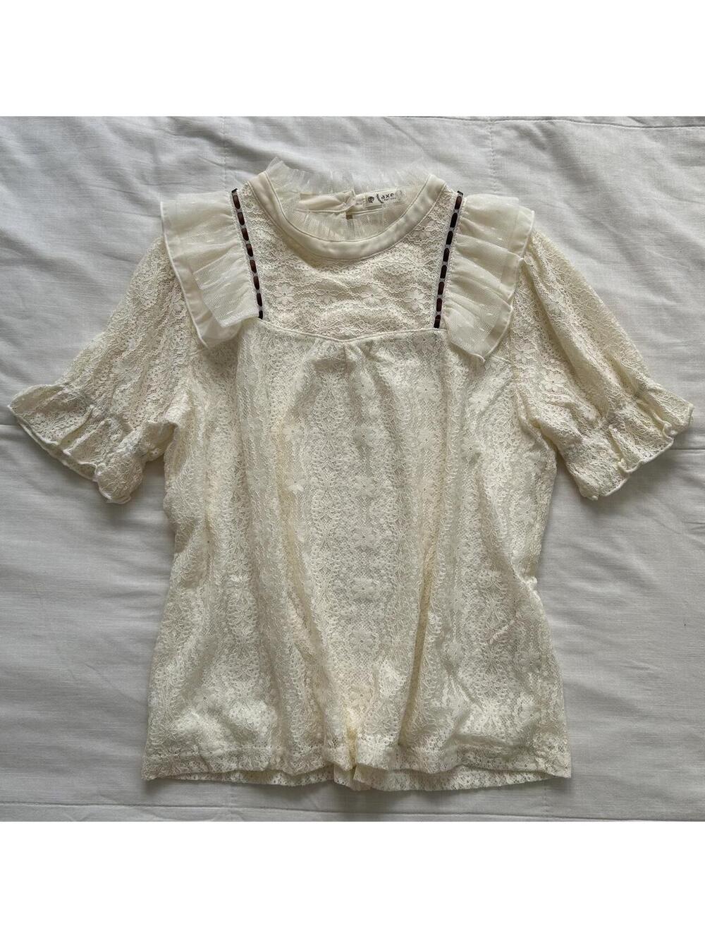 Axes Femme Ivory Lace Blouse Tulle Ruffles Ribbon Trim Flare Sleeve M Japan